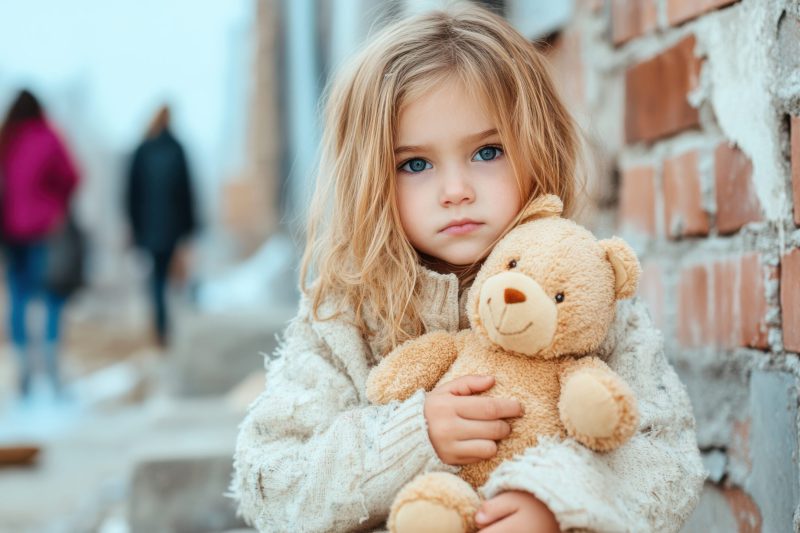 A young child in worn clothing holding a teddy bear, standing against a weathered brick wall, symbolizing the struggles of poverty and the need for awareness and support. A young child in worn clothing holding a teddy bear, standing against a weathered brick wall, symbolizing the struggles of poverty and the need for awareness and support.