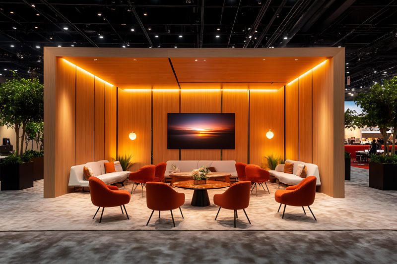 Modern Trade Show Booth Lounge. A modern and inviting trade show booth lounge area featuring comfortable seating, warm lighting, and a calming atmosphere.
